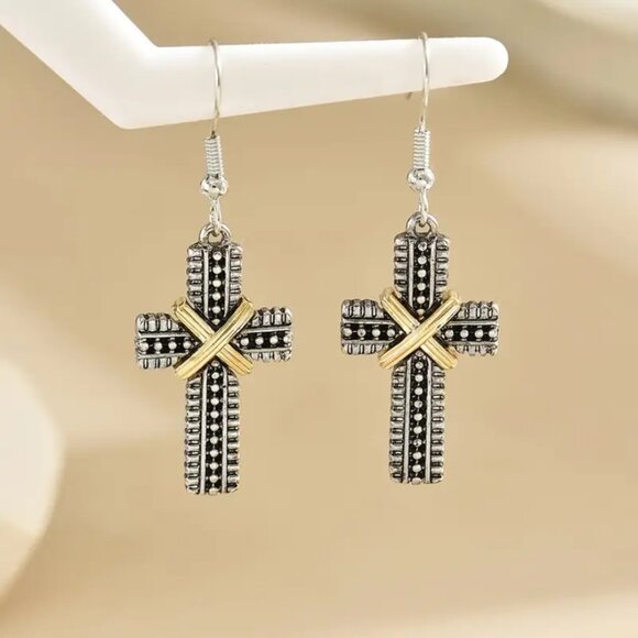 18K Gold & 925 Silver Womens Two Tone Hanging Cross Earrings Christian Jewelry